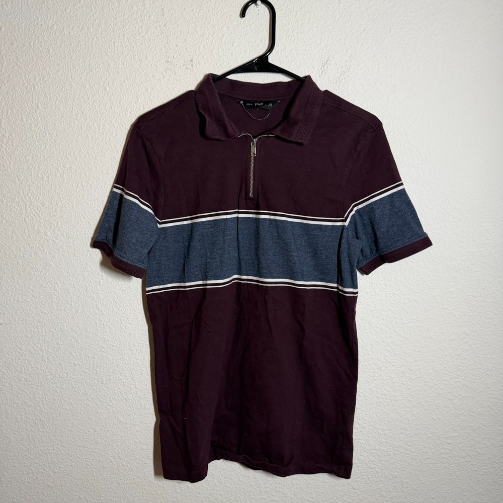 F&F Polo Shirt Mens‎ Small Burgundy Striped Performance Quarter Zip Golf Tennis